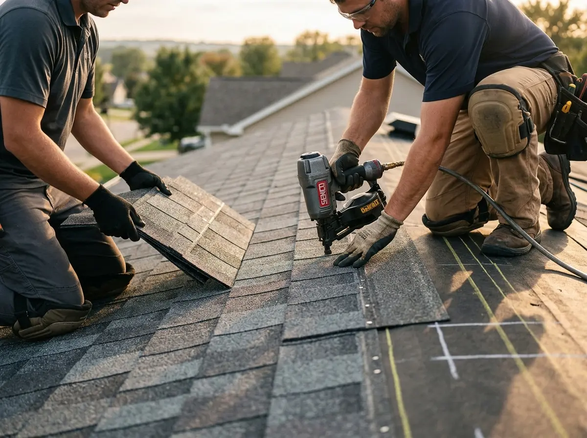 Professional roofer working on a residential roof in Richmond Heights